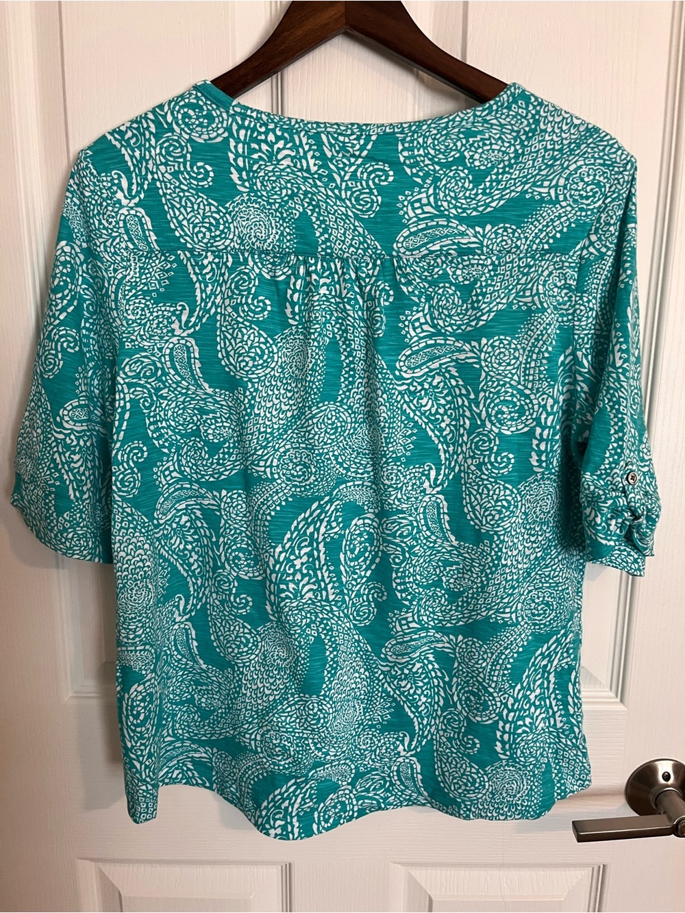 Chico's Teal White Paisley V Neck Cotton Modal Top Blouse Shirt Size 1 Medium - Picture 7 of 12
